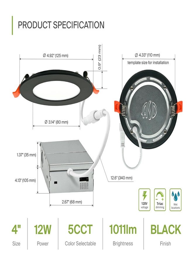 ASD 1 Pack LED Recessed Lighting 4 Inch 12W, 5 CCT 2700K-5000K CRI90+, IC Rated Ultra Thin Dimmable Ceiling Lights with J Box, Canless Wafer Downlight, Round Slim Panel Light, Energy Star ETL, Black - Image 2
