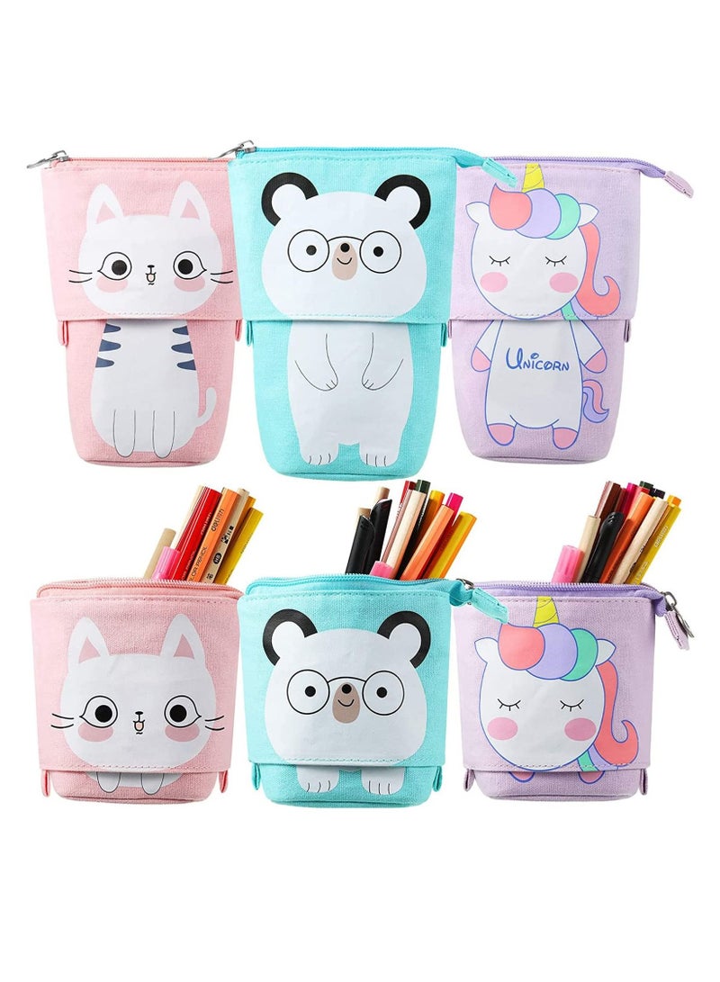Loquat Telescopic Stand Up Pencil Case Box Transformer Stand Store Pencil Holder Cute Cartoon Standing Pen Pouch Dual-Use Canvas Storage Stationery Bags for Teen Girls Boys 3 Pcs(Cat, Bear, Unicorn) - Image 1