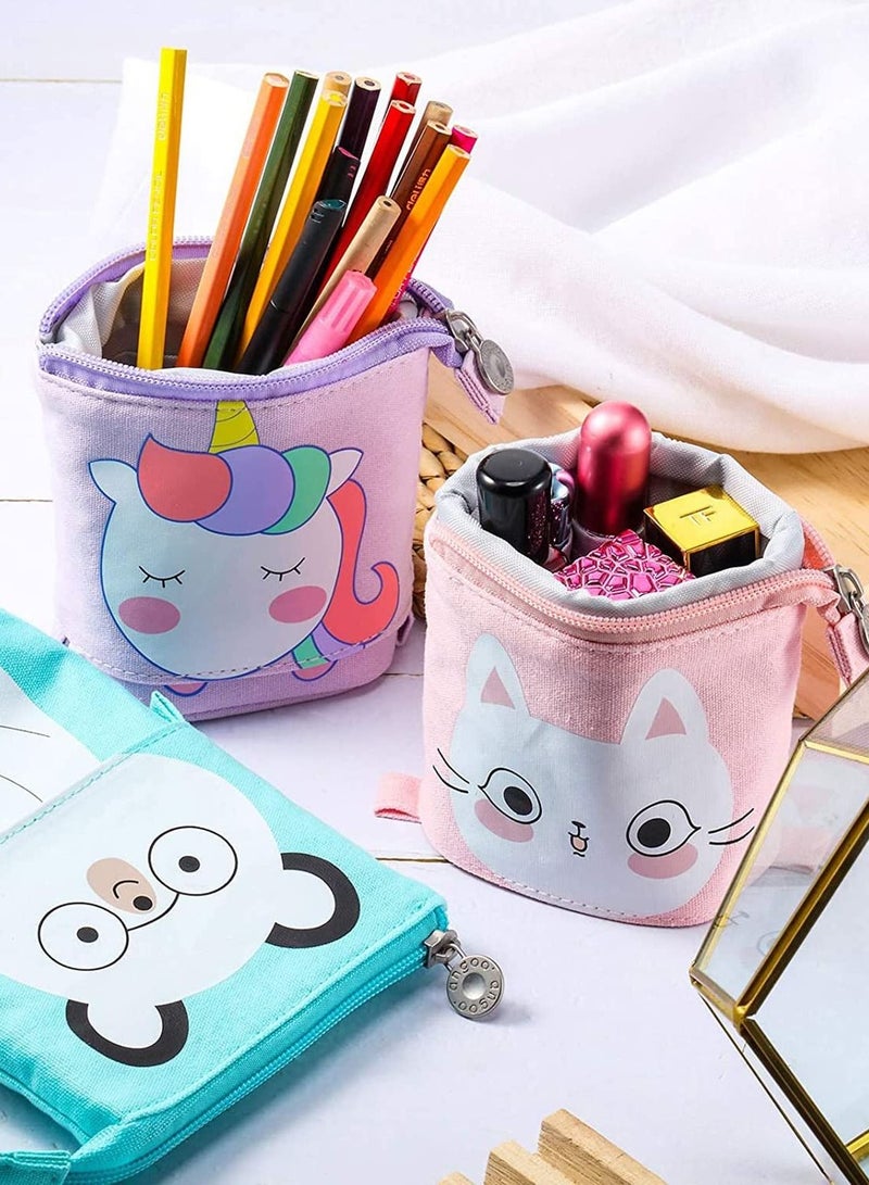 Loquat Telescopic Stand Up Pencil Case Box Transformer Stand Store Pencil Holder Cute Cartoon Standing Pen Pouch Dual-Use Canvas Storage Stationery Bags for Teen Girls Boys 3 Pcs(Cat, Bear, Unicorn) - Image 3