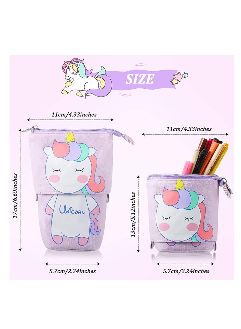 Loquat Telescopic Stand Up Pencil Case Box Transformer Stand Store Pencil Holder Cute Cartoon Standing Pen Pouch Dual-Use Canvas Storage Stationery Bags for Teen Girls Boys 3 Pcs(Cat, Bear, Unicorn) - Image 5