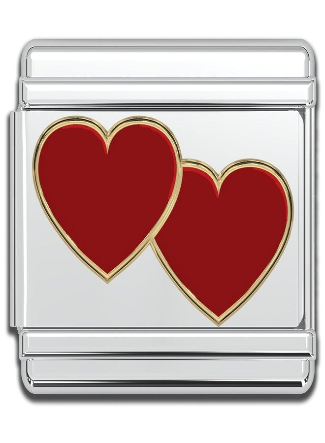 Italian Charm Bracelet Charms, Dangle Gold Heart, 9mm Stainless Steel Links Bracelets Jewelry for Women (Double Red Hearts)