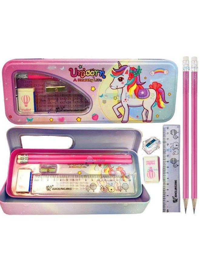 فنبلاست علبة أقلام معدنية من فن بلاست مع قلم رصاص وممحاة ومبراة، مجموعة أدوات مكتبية - علبة أقلام مزدوجة الطبقات ومنظم أدوات مكتبية للأطفال - هدية عيد ميلاد للأطفال (علبة أقلام يونيكورن) - Image 1