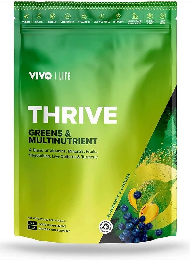 vivo - Life Thrive Vegan Superfood with Vitamins Minerals Fruits & Greens, Blueberry & Lucuma Flavour, 30 Servings - 8.46oz - Image 1