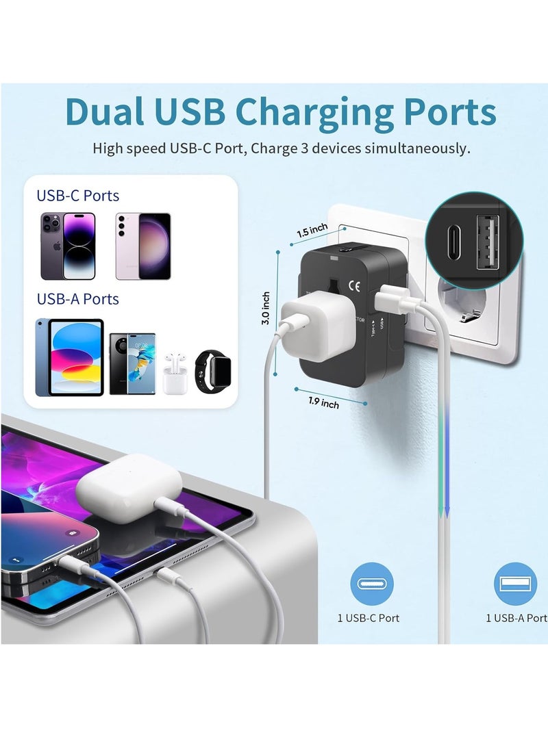 ELTRAZONE "Universal Worldwide Travel Adapter with USB-C & USB-A Ports – All-in-One AC Power Plug Adapter for USA, EU, UK, AUS (Black)"  - Image 2