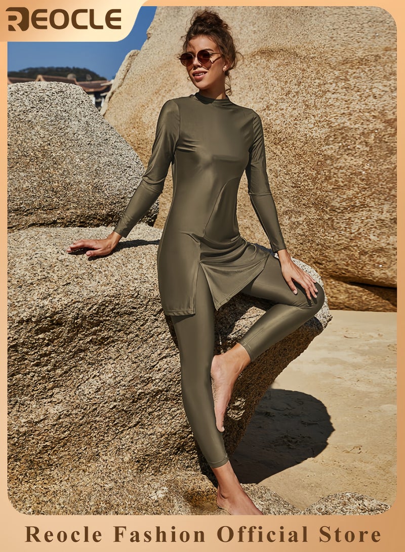 REOCLE Muslim Swimsuit for Women Rash Guard Set 2 Pieces Long Sleeve Modest Swimwear with Swim Cap Surfing Bathing Suit - Image 1