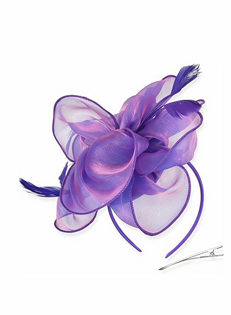 SYOSI Fascinators Hat Tea Party Headwear Ribbons Feathers with a Headband and a Hair Clip, Women Elegant Hat Tea Party Royal Banquet Hats Hair Clip for Girls and Women, Purple - Image 1