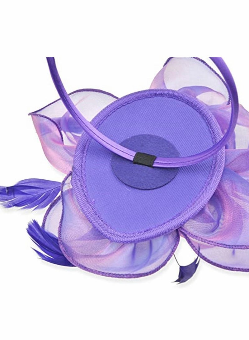 SYOSI Fascinators Hat Tea Party Headwear Ribbons Feathers with a Headband and a Hair Clip, Women Elegant Hat Tea Party Royal Banquet Hats Hair Clip for Girls and Women, Purple - Image 3