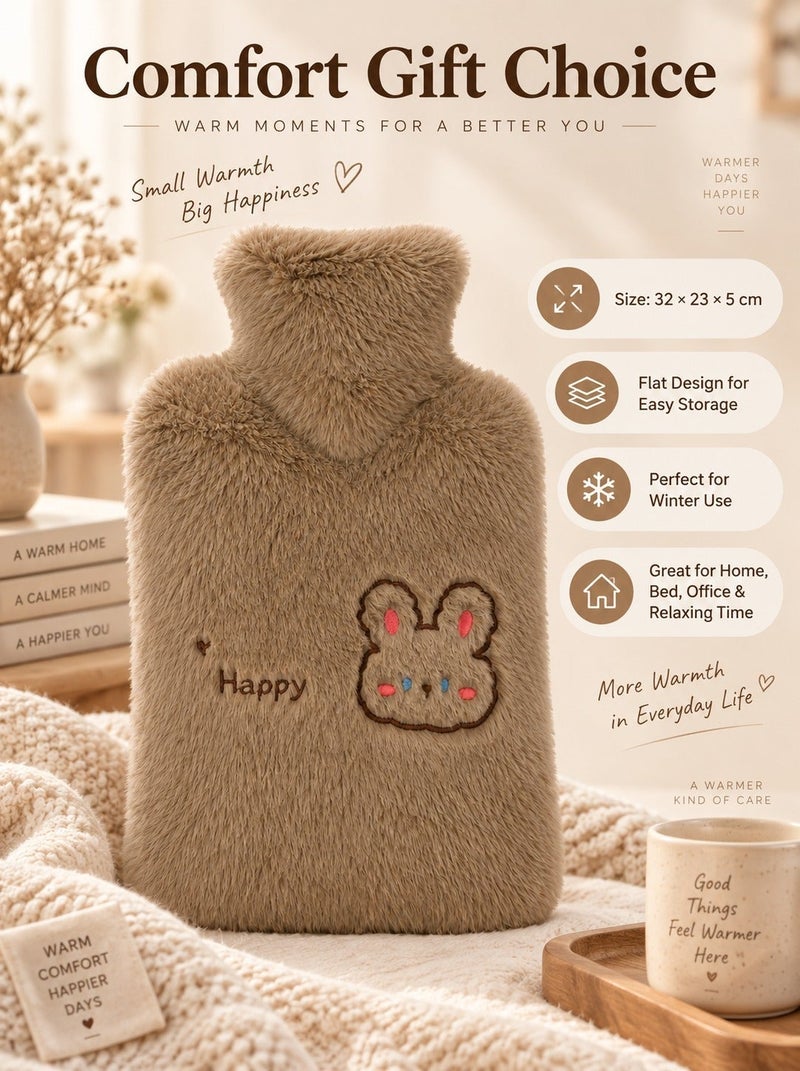 O2. Brown Hot Water Bag 2000ml, Hot Water Bottle & Hot Water Bag for Pain Relief with Soft Plush Cover, Reusable Warm Compress for Heat Therapy, Rabbit Embroidery & Happy Text, Warm Water Bag for Bedtime, Sofa, Home, Office, Cold Weather and Winter Use, 32 x 23 x 5 cm - Image 5
