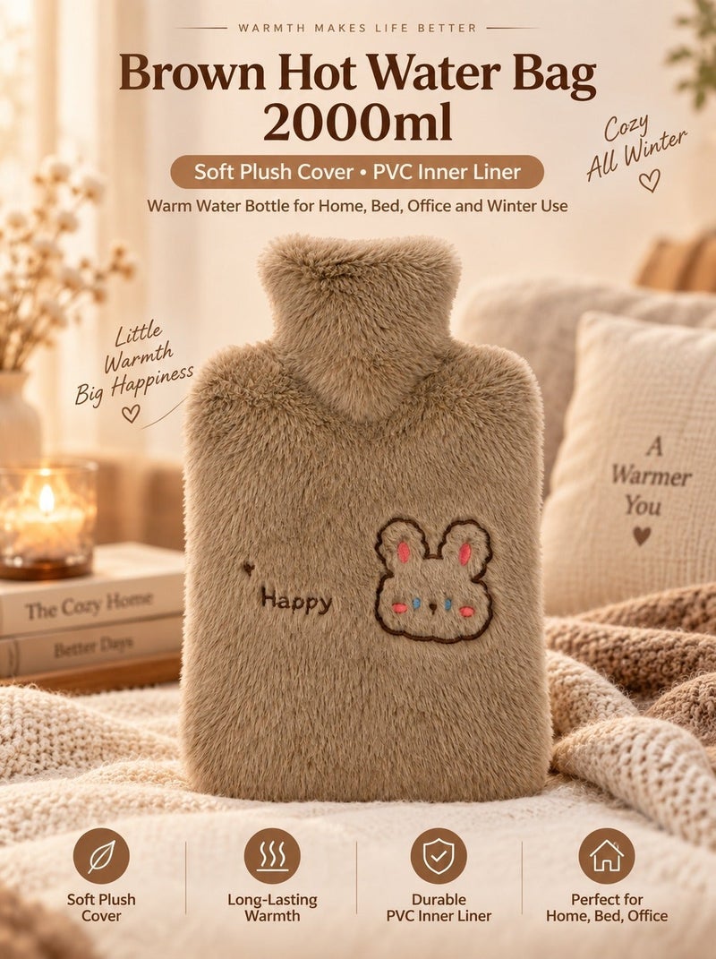 O2. Brown Hot Water Bag 2000ml, Hot Water Bottle & Hot Water Bag for Pain Relief with Soft Plush Cover, Reusable Warm Compress for Heat Therapy, Rabbit Embroidery & Happy Text, Warm Water Bag for Bedtime, Sofa, Home, Office, Cold Weather and Winter Use, 32 x 23 x 5 cm - Image 1