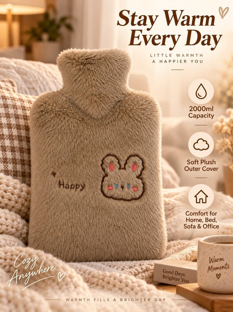 O2. Brown Hot Water Bag 2000ml, Hot Water Bottle & Hot Water Bag for Pain Relief with Soft Plush Cover, Reusable Warm Compress for Heat Therapy, Rabbit Embroidery & Happy Text, Warm Water Bag for Bedtime, Sofa, Home, Office, Cold Weather and Winter Use, 32 x 23 x 5 cm - Image 4