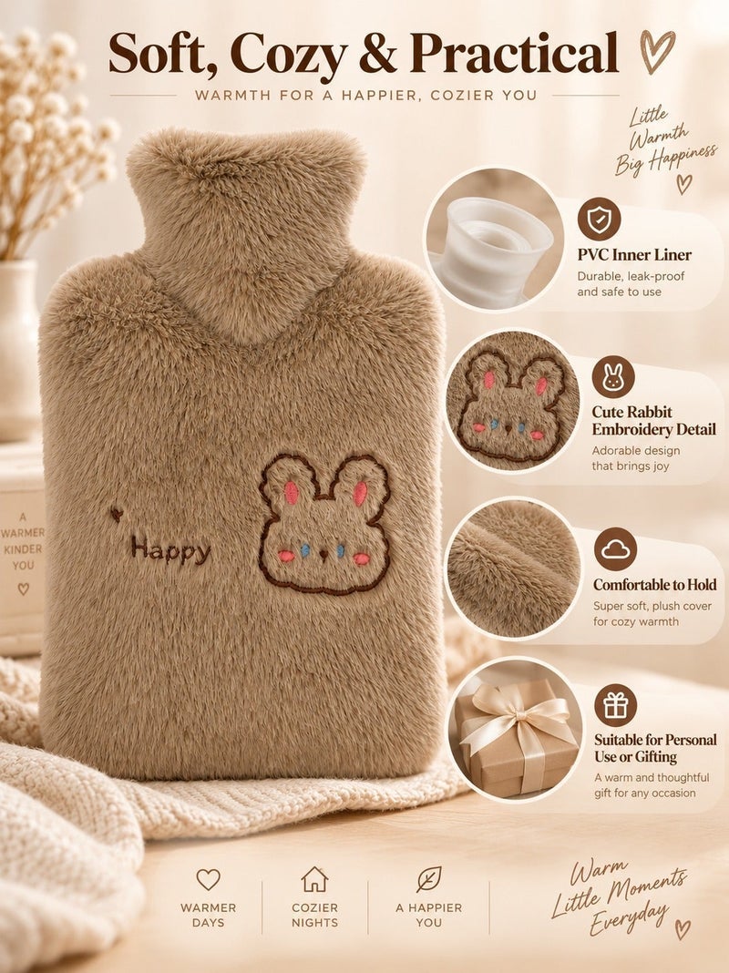 O2. Brown Hot Water Bag 2000ml, Hot Water Bottle & Hot Water Bag for Pain Relief with Soft Plush Cover, Reusable Warm Compress for Heat Therapy, Rabbit Embroidery & Happy Text, Warm Water Bag for Bedtime, Sofa, Home, Office, Cold Weather and Winter Use, 32 x 23 x 5 cm - Image 3