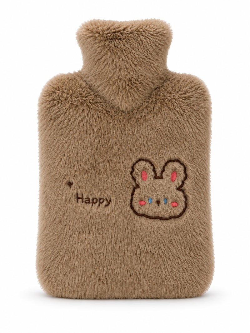 O2. Brown Hot Water Bag 2000ml, Hot Water Bottle & Hot Water Bag for Pain Relief with Soft Plush Cover, Reusable Warm Compress for Heat Therapy, Rabbit Embroidery & Happy Text, Warm Water Bag for Bedtime, Sofa, Home, Office, Cold Weather and Winter Use, 32 x 23 x 5 cm - Image 2