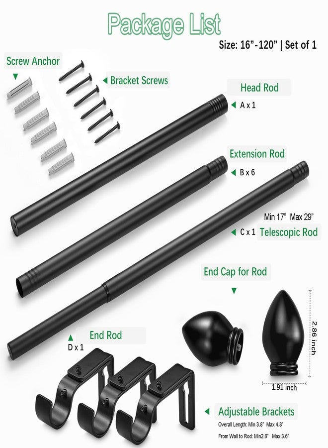 LLPJS Curtain Rods for Windows 16 to 120 inches, Curtain Rod Max Adjustable Length to 132 in, Drapery Rod 1 inch Diameter with Modern Knobs Finials (Black, 16" to 120" - Set of 1) - Image 3
