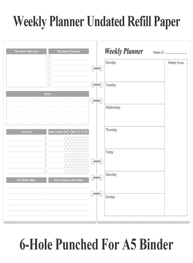 Yaridar (2-Pack) Weekly Planner Refills for A5 Binders - 106 Sheets/212 Pages Undated Weekly Planner, 6-Hole Punched, 100 gsm White Paper, Lasts 1 Year, Undated, 5.8" x 8.3", Black - Image 2