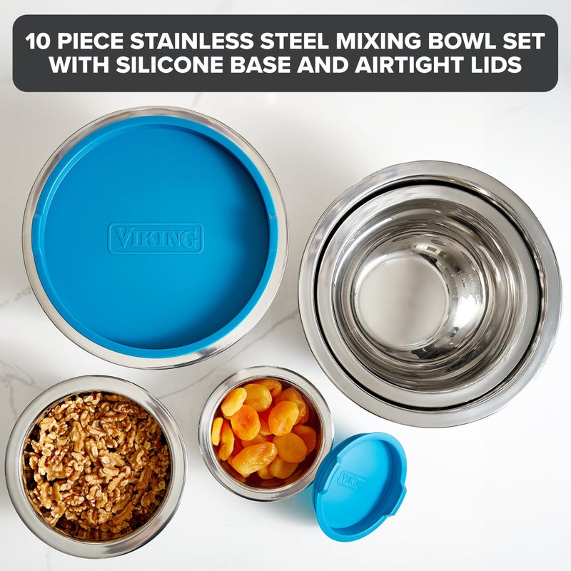 Viking Mixing Bowls Set, 10 Piece Stainless Steel Kitchen Cookware, Non-Slip Silicone Base, Includes Tight Fit Lids, Dishwasher Safe, Teal - Image 2
