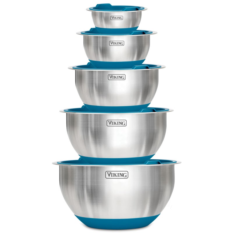 Viking Mixing Bowls Set, 10 Piece Stainless Steel Kitchen Cookware, Non-Slip Silicone Base, Includes Tight Fit Lids, Dishwasher Safe, Teal - Image 1
