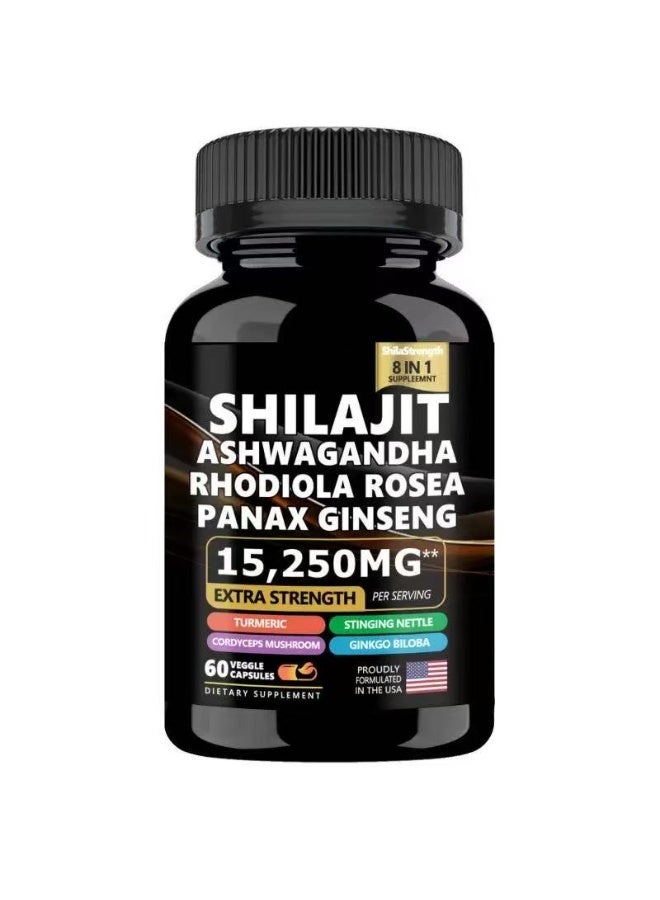 Shilajit Ashwagandha Rhodiola Rosea Panax Ginseng 15250 mg Extra Strength Turmeric Stinging Nettle Cordyceps Mushroom Ginkgo Biloba 60 Veggie Capsules Dietary Supplement