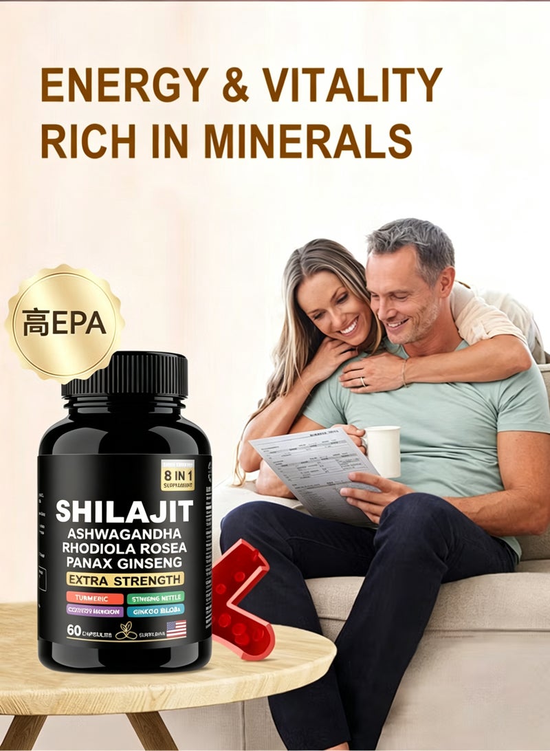 DAZZEL Shilajit Ashwagandha Rhodiola Rosea Panax Ginseng 15250 mg Extra Strength Turmeric Stinging Nettle Cordyceps Mushroom Ginkgo Biloba 60 Veggie Capsules Dietary Supplement - Image 4