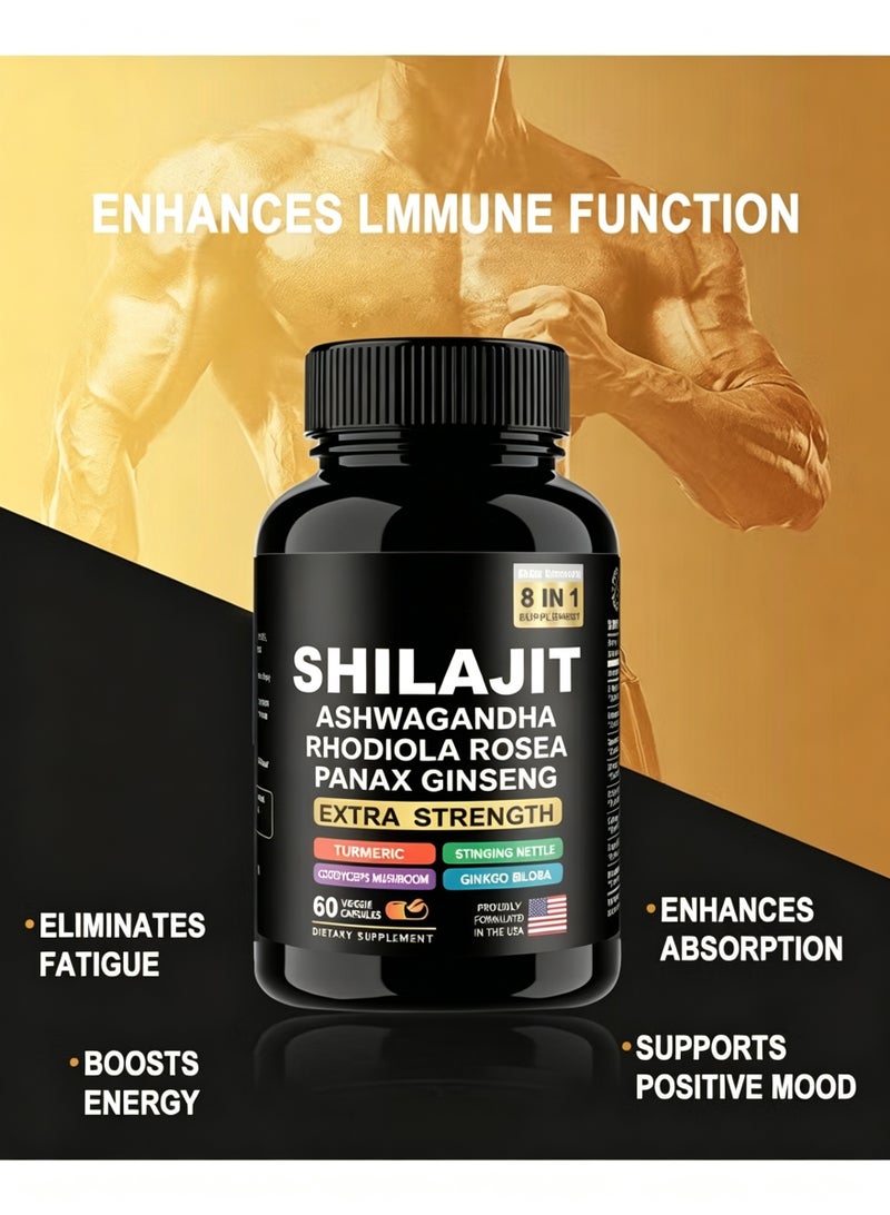 DAZZEL Shilajit Ashwagandha Rhodiola Rosea Panax Ginseng 15250 mg Extra Strength Turmeric Stinging Nettle Cordyceps Mushroom Ginkgo Biloba 60 Veggie Capsules Dietary Supplement - Image 2