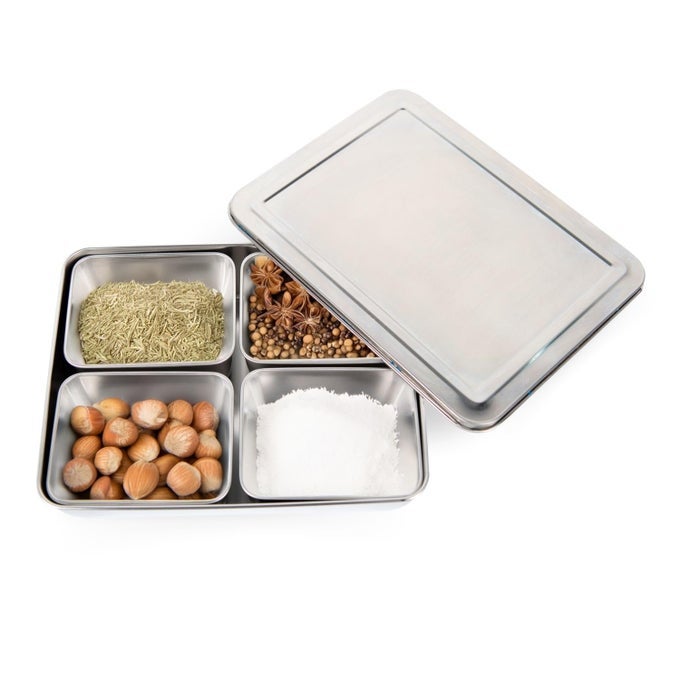 HS STAINLESS STEEL SPICE BOX MASALA DABBA CONDIMENT BOX 28 X 22 CM SEASONING BOX WITH 4 REMOVABLE COMPARTMENTS DRY FRUITS STORAGE CONTAINER WITH LID FOR SEASONINGS