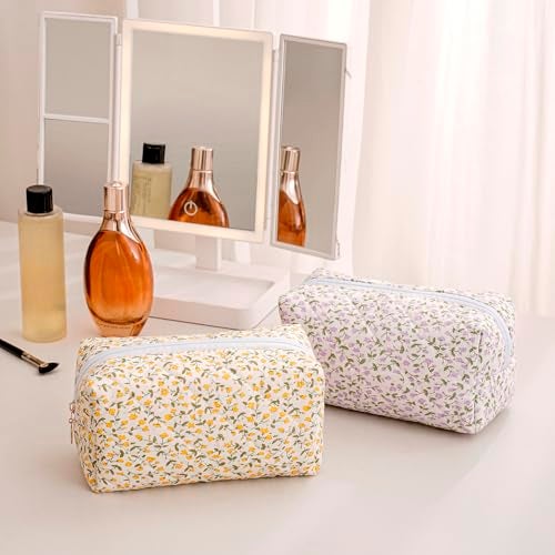 Gleyemor Small Quilted Makeup Bag for Women, Cute Floral Bow Cosmetic Bag, Emergency Bag Travel Toiletry Cotton Pouch Gifts for Girls Her Mom Friend Sister Bridesmaid (Purple Small Flower) - Image 4
