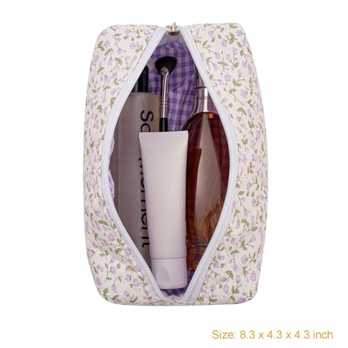 Gleyemor Small Quilted Makeup Bag for Women, Cute Floral Bow Cosmetic Bag, Emergency Bag Travel Toiletry Cotton Pouch Gifts for Girls Her Mom Friend Sister Bridesmaid (Purple Small Flower) - Image 2
