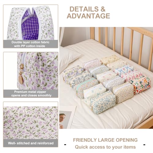 Gleyemor Small Quilted Makeup Bag for Women, Cute Floral Bow Cosmetic Bag, Emergency Bag Travel Toiletry Cotton Pouch Gifts for Girls Her Mom Friend Sister Bridesmaid (Purple Small Flower) - Image 3