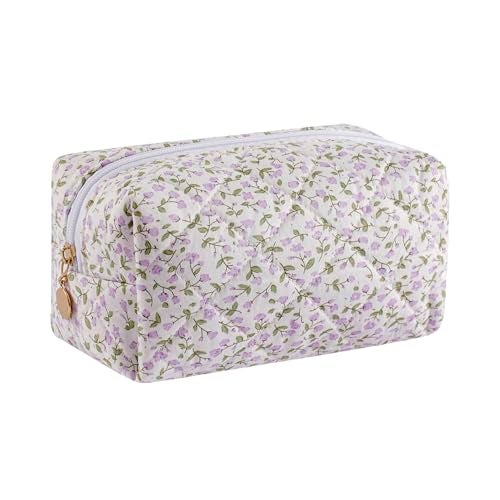 Gleyemor Small Quilted Makeup Bag for Women, Cute Floral Bow Cosmetic Bag, Emergency Bag Travel Toiletry Cotton Pouch Gifts for Girls Her Mom Friend Sister Bridesmaid (Purple Small Flower) - Image 1