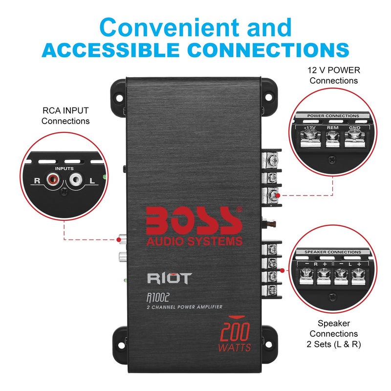BOSS Audio Systems R1002 2 Channel Car Amplifier - 200 High Output, 2-8 Ohm Stable, Low/High Level Inputs, Full Range, Bridgeable, Bass for Subwoofer - Image 3