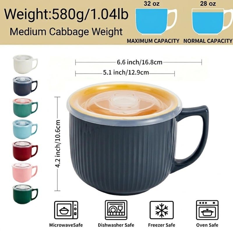 Hoilse Ceramic Soup Bowl with Handle 32oz â€“ Microwave Ramen Bowl with Lid, Soup Mugs & Cups for Cereal, Oatmeal, Ramen, Instant Noodle, Soup Container with Lid - (Gray) - Image 3