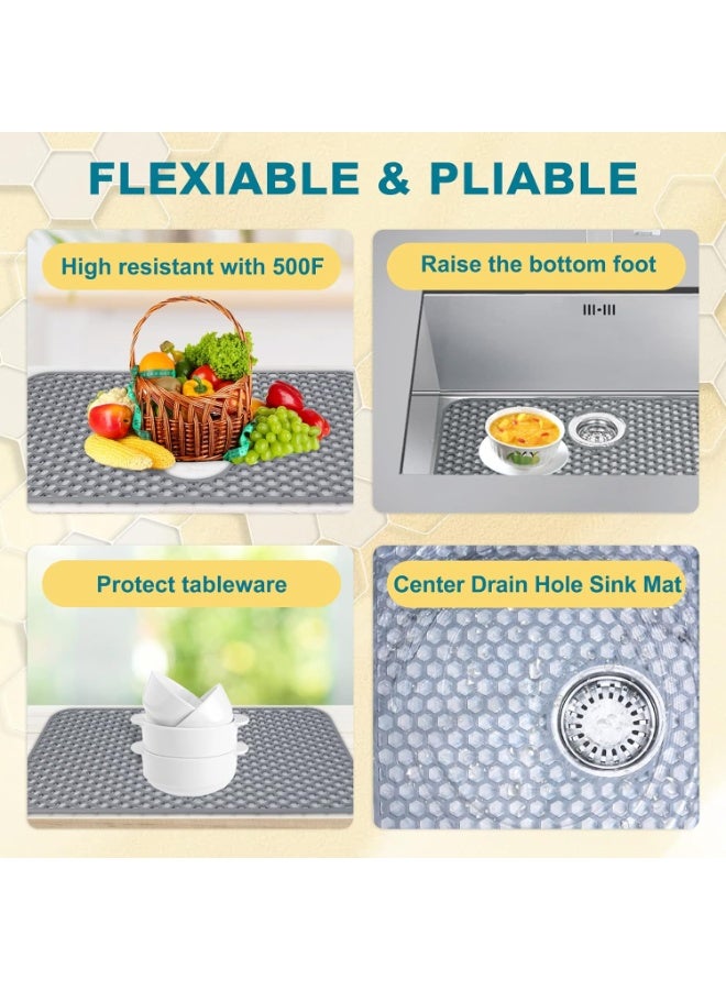 Silicone Sink Protectors for Kitchen Sink with Rear Drain - 26"x 14" Kitchen Protector Accessory, Non-Slip Heat Resistant Grid Mat for Bottom of Farmhous Peorcelain Stainless Steel(Rear Hole) - Image 3
