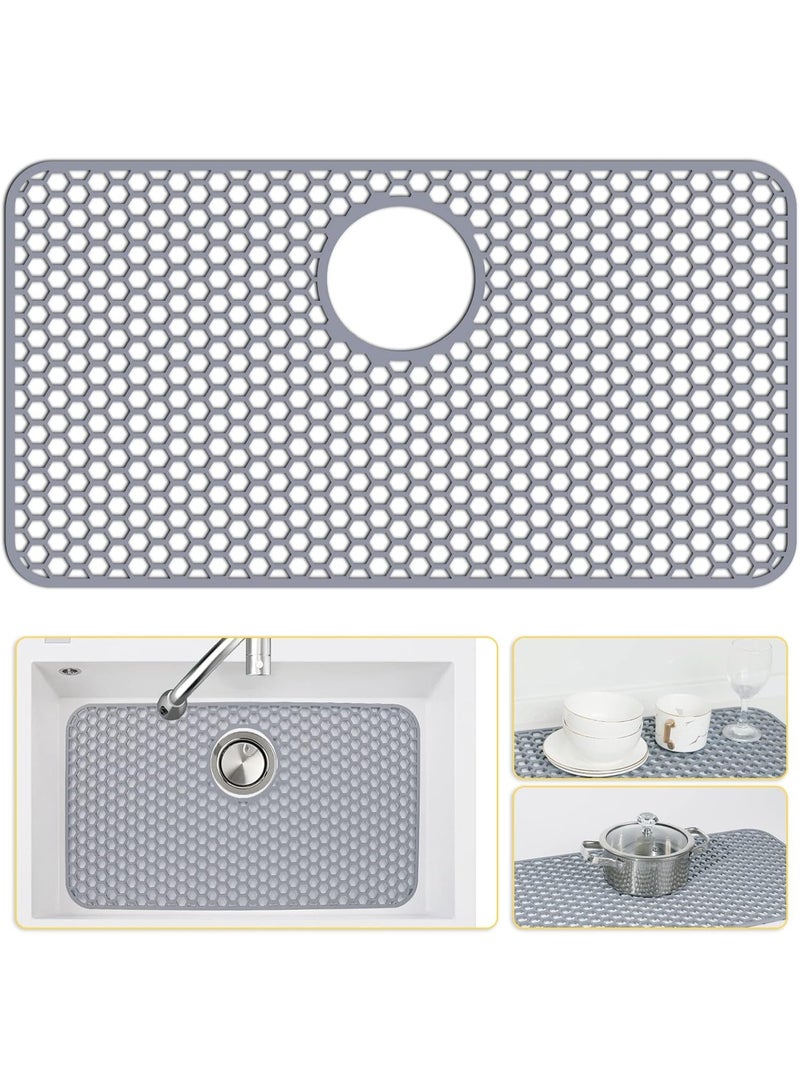 Silicone Sink Protectors for Kitchen Sink with Rear Drain - 26"x 14" Kitchen Protector Accessory, Non-Slip Heat Resistant Grid Mat for Bottom of Farmhous Peorcelain Stainless Steel(Rear Hole) - Image 1