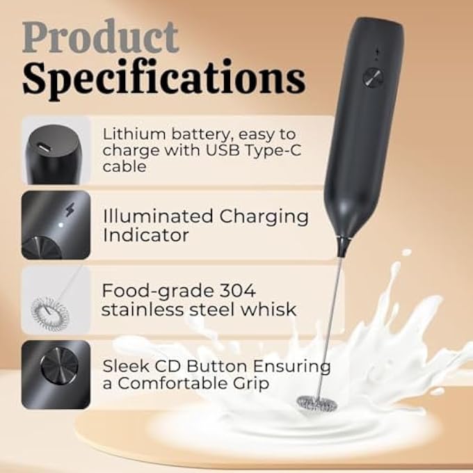 ريحني جهاز خفق الحليب الكهربائي القوي والهادئ، قابل لإعادة الشحن عبر USB، جهاز تحريك القهوة المحمول بسرعة 10000 دورة في الدقيقة، لتحضير مشروبات لاتيه وكابتشينو وشوكولاتة ساخنة - Image 4
