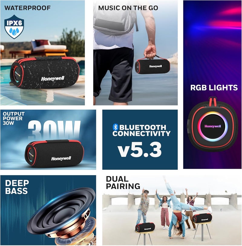 Honeywell Trueno U400 30W 5.3 Bluetooth Speaker, Deep Bass Radiators, 15H Playtime, IPX 6, TWS Feature, RGB Lights, SD Card, AUX, USB Type-C Port, Built-In Mic & 2 * 78mm Drivers - Image 2