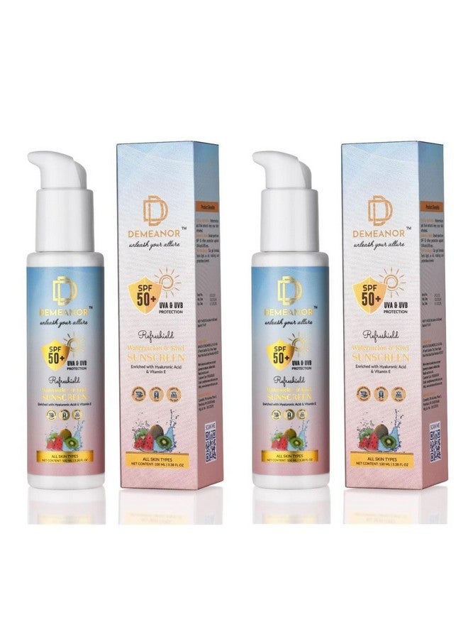 DEMEANOR Watermelon & Kiwi Sunscreen for Face & Body - SPF 50+ & PA+++ Cooling Hydration with Broad Spectrum Protection - 100ml (Pack of 2) - Image 1