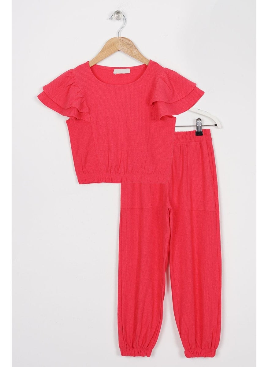 WEWE Crew Neck Ruffle Sleeves Frilled Sleeve Edges Elastic Waistband Fuchsia Color Girl's Two Piece Set  - Image 1