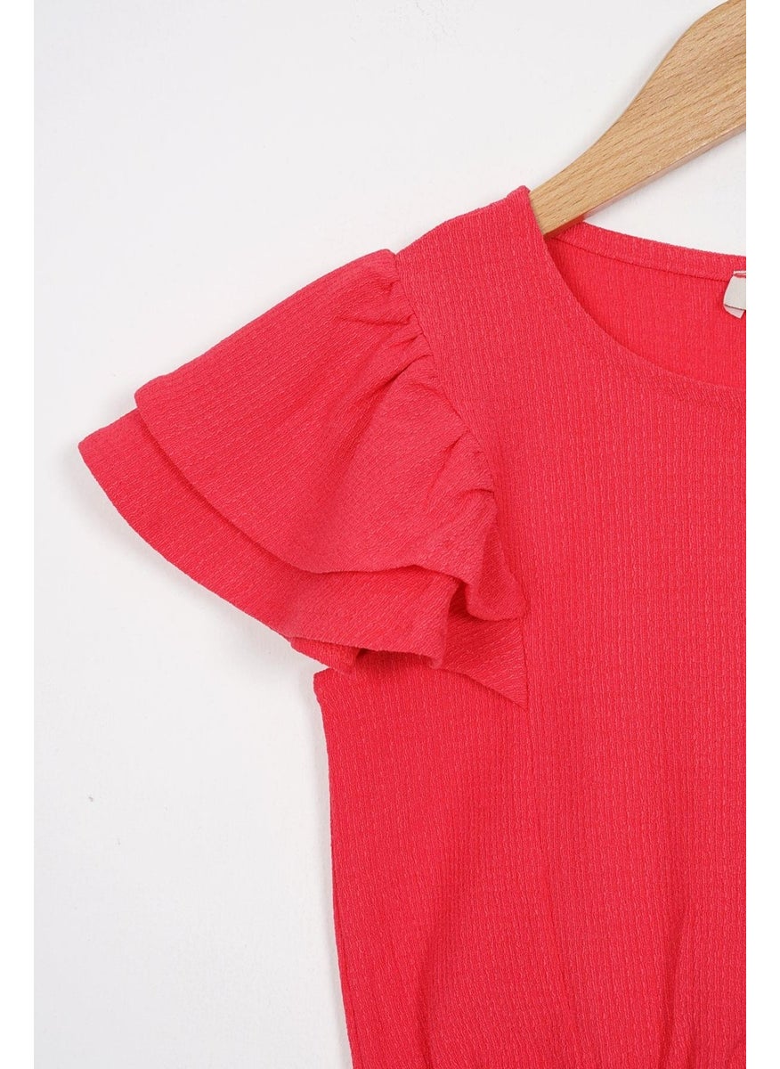 WEWE Crew Neck Ruffle Sleeves Frilled Sleeve Edges Elastic Waistband Fuchsia Color Girl's Two Piece Set  - Image 2