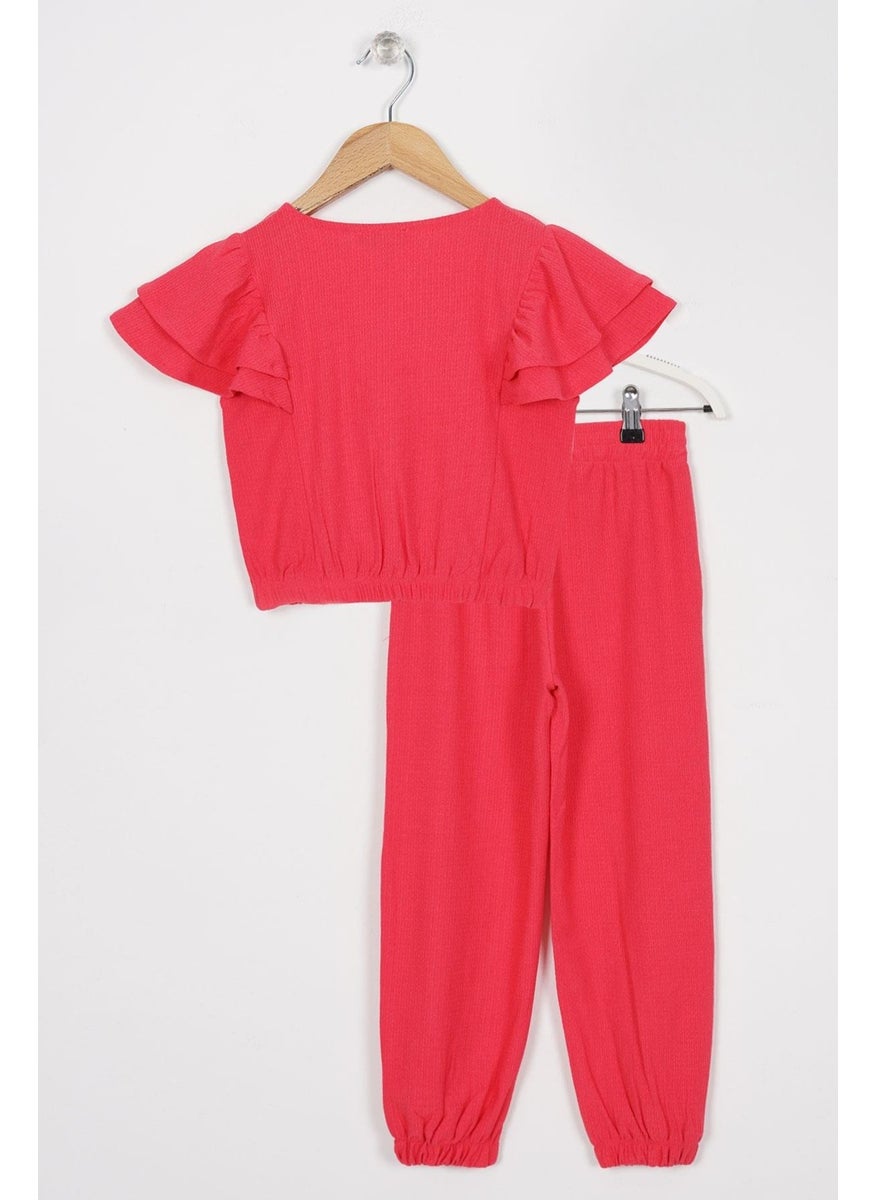 WEWE Crew Neck Ruffle Sleeves Frilled Sleeve Edges Elastic Waistband Fuchsia Color Girl's Two Piece Set  - Image 3