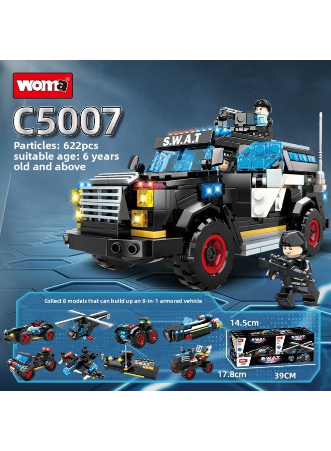 Woma Building Blocks Technology Special Police Team Series Boys Benefit Intelligence Assembled Police Car Aircraft Toys-Color:C5007 Eight-in-one Special Police Armored Vehicle  - Image 1