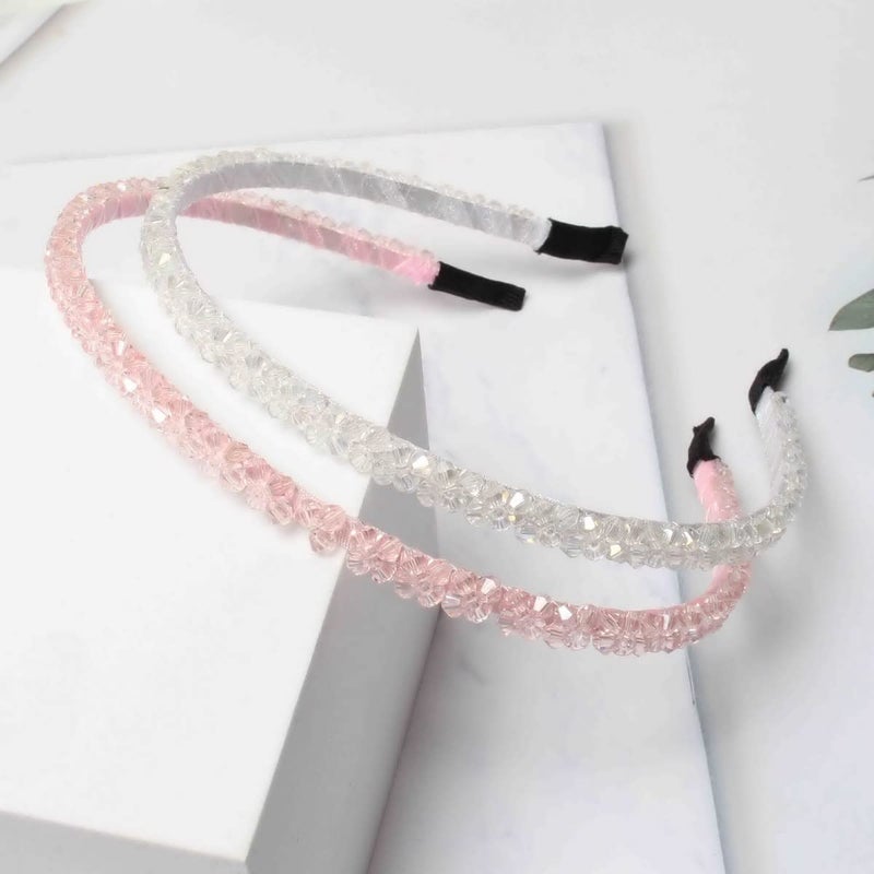 Cuizhiyu 4 PK Crystal Rhinestone Headbands for Women Girls Double Rows Sparkly Beaded Hair Hoops Pink Weave Narrow Hair Bands Hair Accessories (Color B) - Image 2