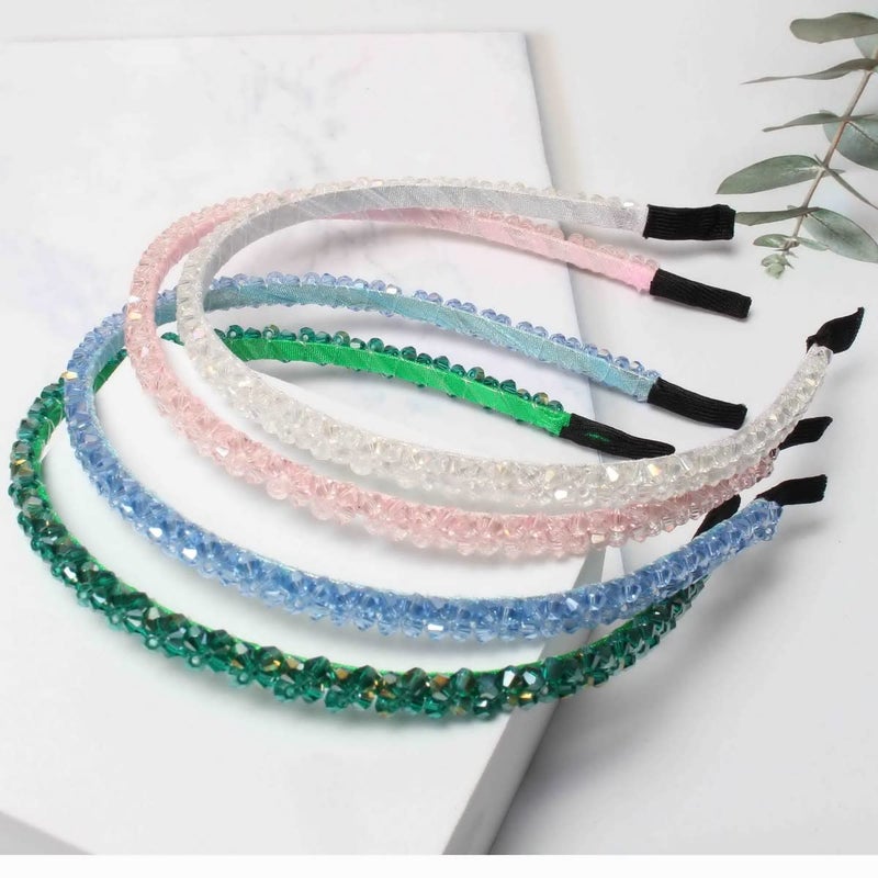 Cuizhiyu 4 PK Crystal Rhinestone Headbands for Women Girls Double Rows Sparkly Beaded Hair Hoops Pink Weave Narrow Hair Bands Hair Accessories (Color B) - Image 4