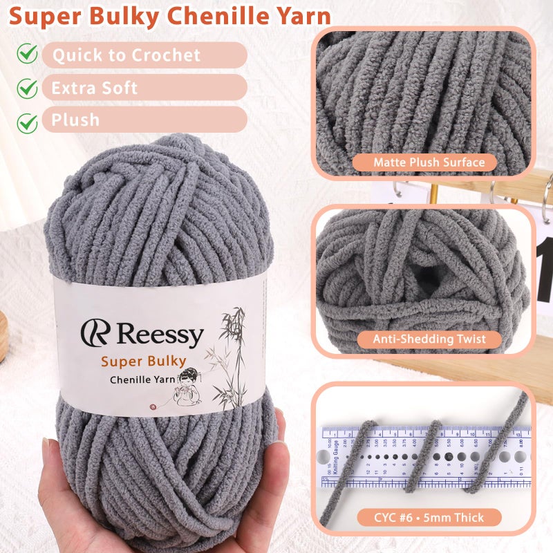 Reessy Super Bulky Chenille Yarn â€“ 6 Pack of 100g (Total 600g) - CYC #6 Super Bulky 5mm Thick â€“ Extra Soft Plush Chunky Yarn for Crocheting â€“ Matte Chenille for Baby Blankets, Toys & Hats(Dark Gray) - Image 2