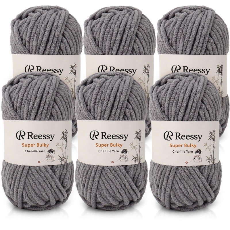 Reessy Super Bulky Chenille Yarn â€“ 6 Pack of 100g (Total 600g) - CYC #6 Super Bulky 5mm Thick â€“ Extra Soft Plush Chunky Yarn for Crocheting â€“ Matte Chenille for Baby Blankets, Toys & Hats(Dark Gray) - Image 1