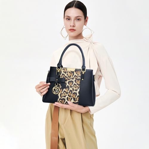KKXIU 3 Zippered Compartments Purses and Handbags for Women Top Handle Satchel Shoulder Ladies Bags (A-Black Leopard) - Image 2