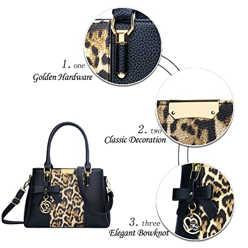 KKXIU 3 Zippered Compartments Purses and Handbags for Women Top Handle Satchel Shoulder Ladies Bags (A-Black Leopard) - Image 3