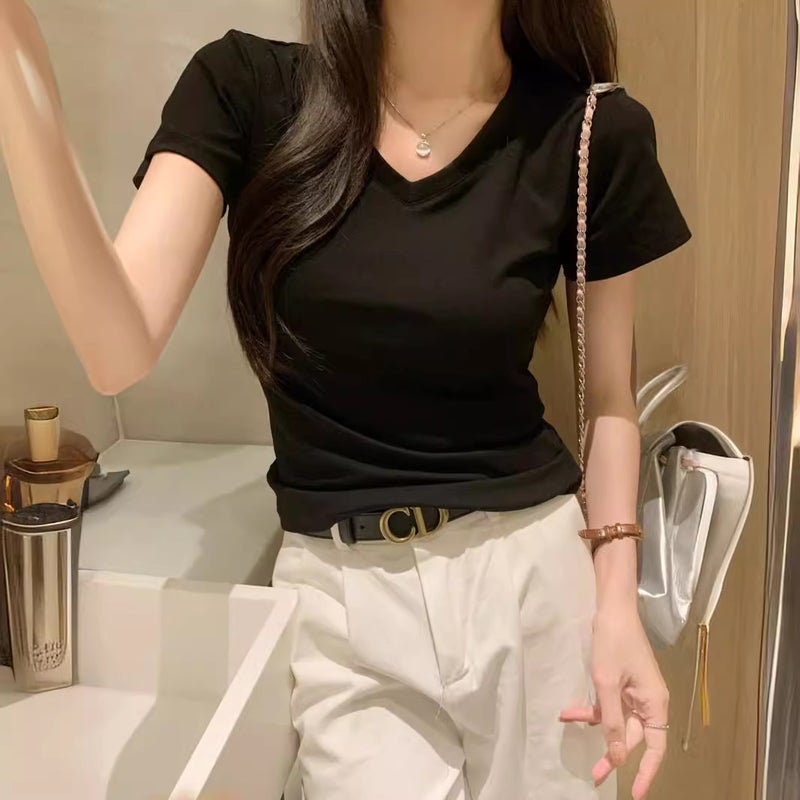 White V-Neck Short Slim T-Shirt Women'S Elastic Thread Foreign-Style Age-Reducing Short Sleeve Base Shirt - Image 2