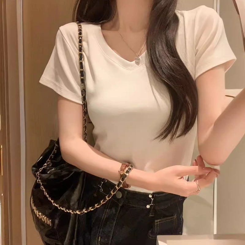 White V-Neck Short Slim T-Shirt Women'S Elastic Thread Foreign-Style Age-Reducing Short Sleeve Base Shirt - Image 4