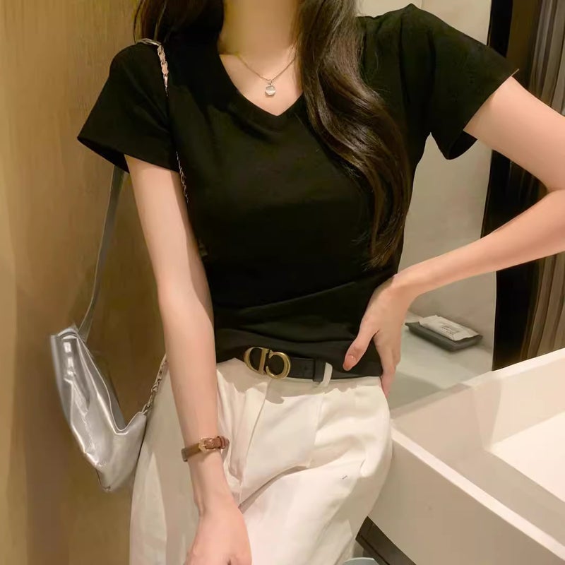 White V-Neck Short Slim T-Shirt Women'S Elastic Thread Foreign-Style Age-Reducing Short Sleeve Base Shirt - Image 5