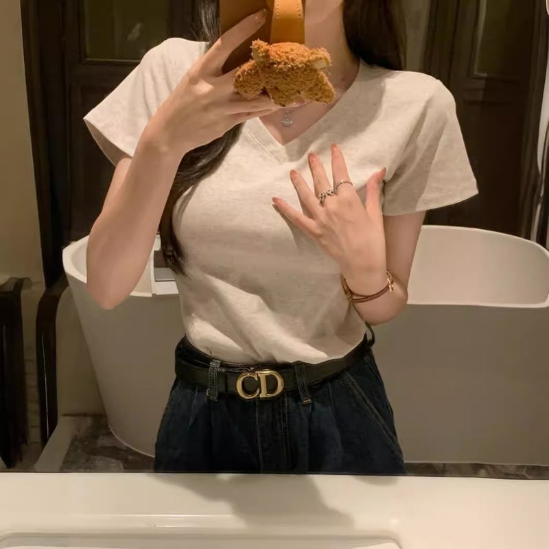 White V-Neck Short Slim T-Shirt Women'S Elastic Thread Foreign-Style Age-Reducing Short Sleeve Base Shirt - Image 3
