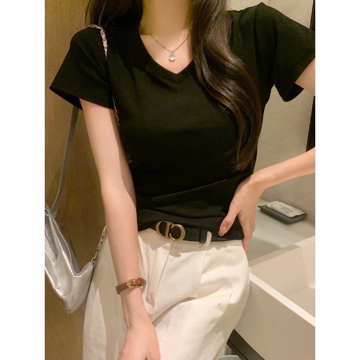 White V-Neck Short Slim T-Shirt Women'S Elastic Thread Foreign-Style Age-Reducing Short Sleeve Base Shirt - Image 1